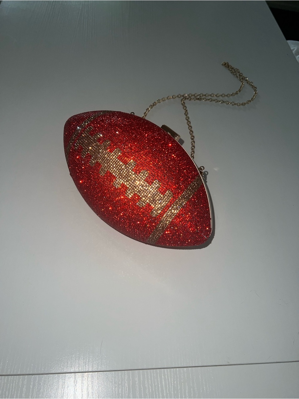 Red Bedazzled Football Clutch Handbag with Gold Chain